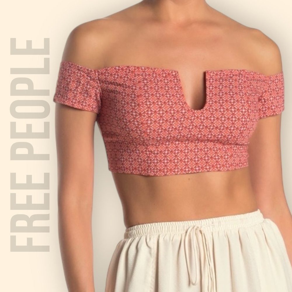 Free People Intimately Crop Top Women’s Large Orange Geometric Off-shoulder NWT